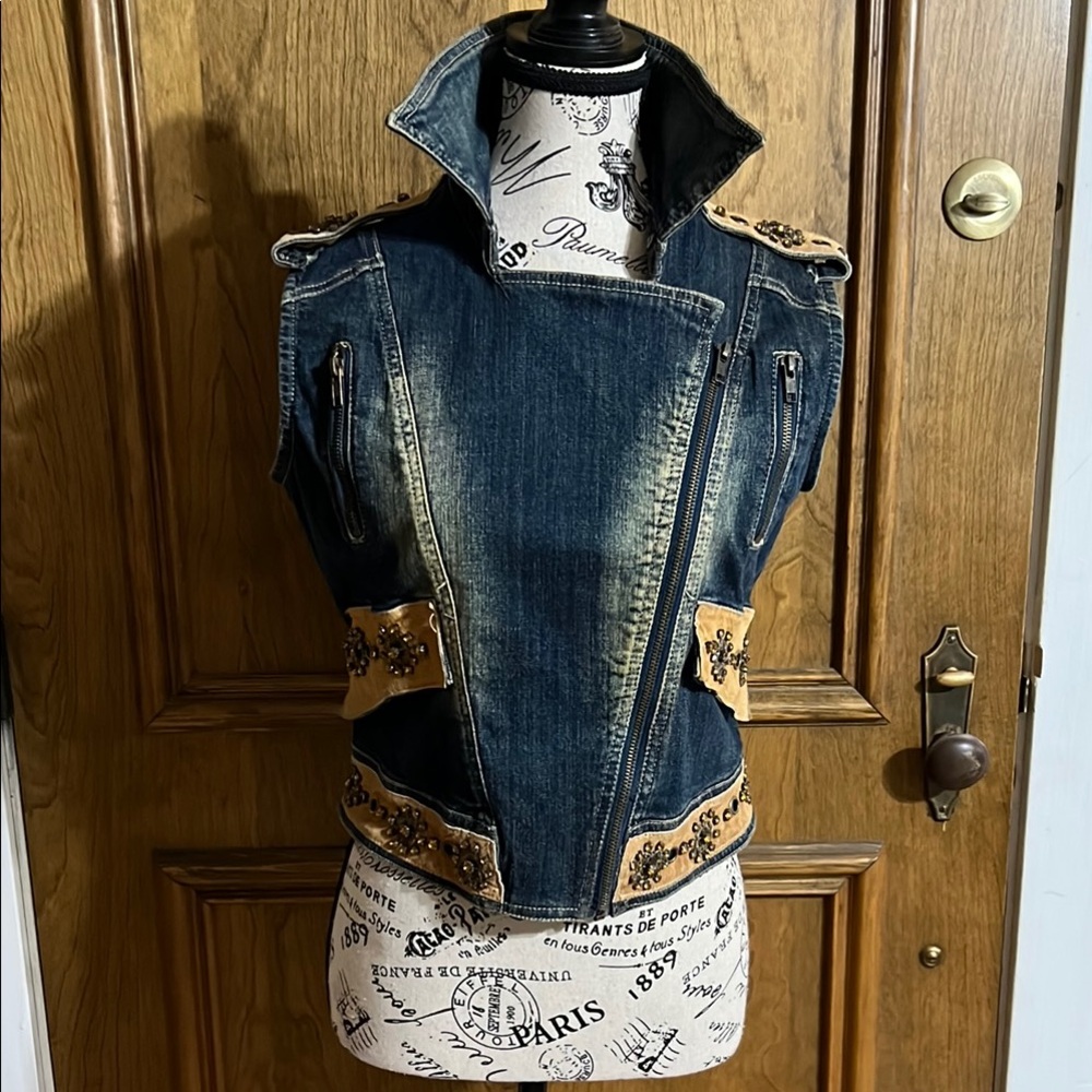 Asymmetrical Denim and Suede Vest with Distressed Design